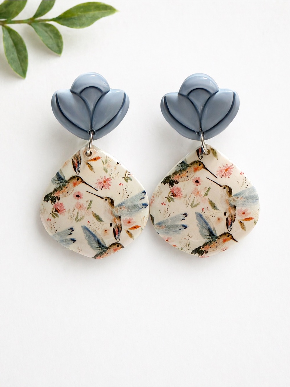Handmade Blue Floral Hummingbird Drop Earrings